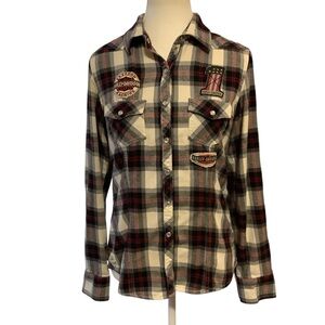 Harley-Davidson Plaid Pearl Snap Shirt Size M Logo Patches Large Back Graphic
